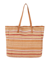 PRIMROSE Woven Straw Beach Tote Bag, Striped Pattern in Tan and Red, Large Casual Summer Handbag with Polyurethane Handles